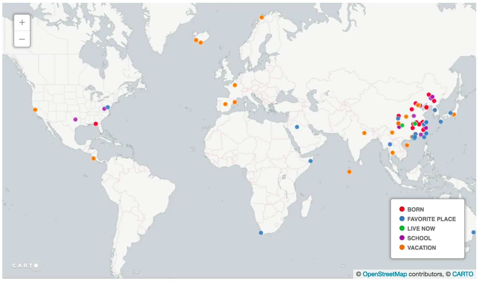 For a mapping exercise, students identified several locations by latitude and longitude.